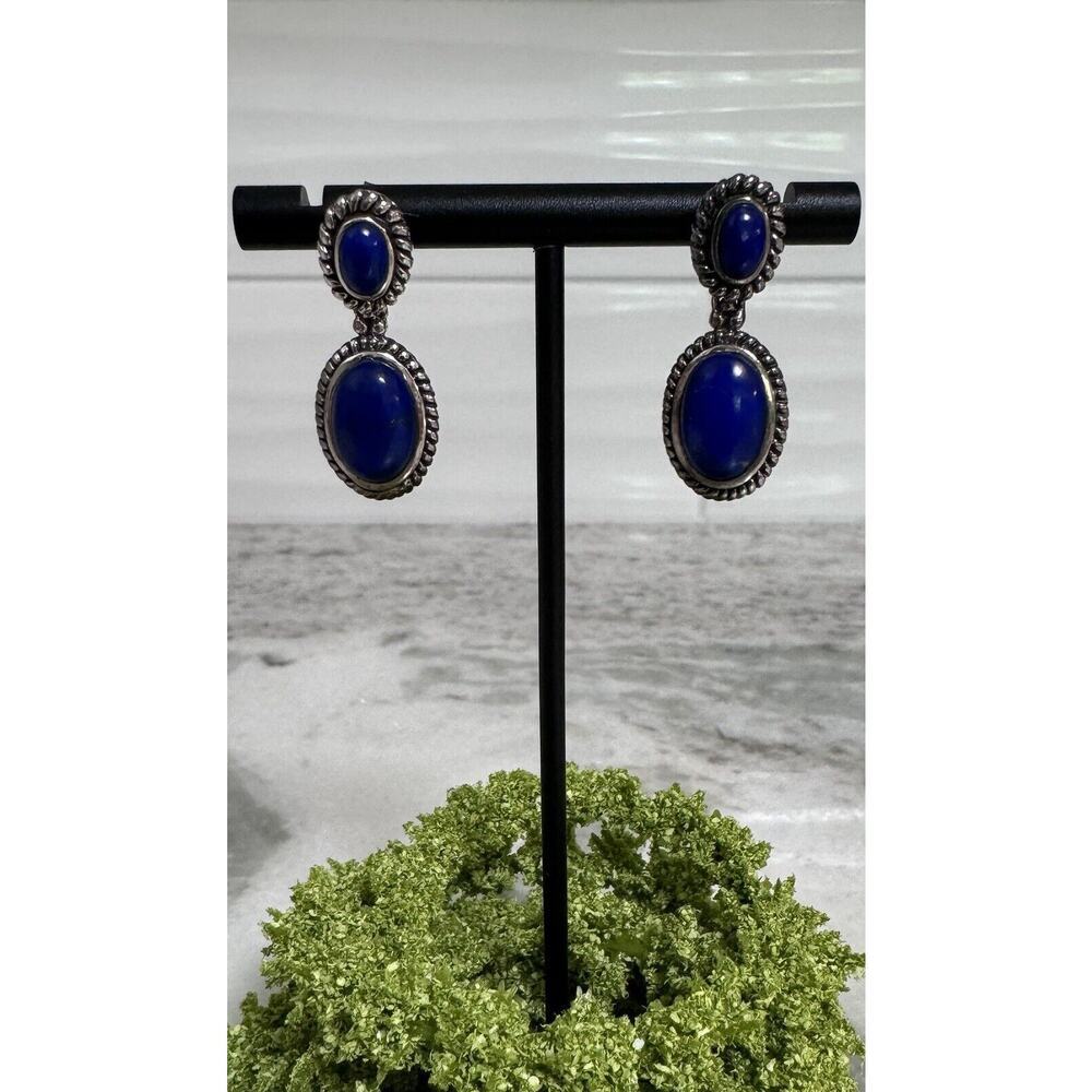 Sterling Silver Lapis Lazuli Double Stone Dangle Earrings
